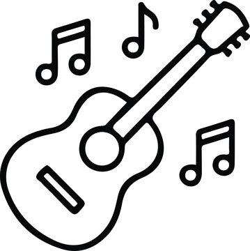 Acoustic Guitar Musical Notes Line Art Vector Icon