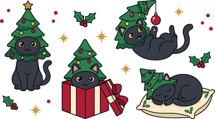 Naklejka premium Cute Christmas Black Cat Cartoon Collection Featuring Christmas Tree Hat, Gift Box, Sleeping Kitten, Ornament, and Holiday Vector Illustrations