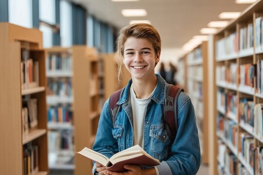 Smiling teenage student holding an open book in a library aisle