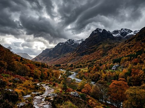Dramatic mountain landscape with a winding river and autumn forest under a stormy dark sky