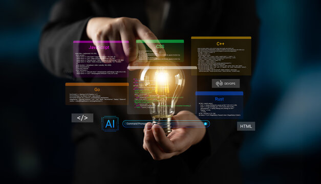 A business professional presenting a glowing light bulb, signifying innovation and creativity, surrounded by programming languages displayed on futuristic screens in a dark setting. Cyphers