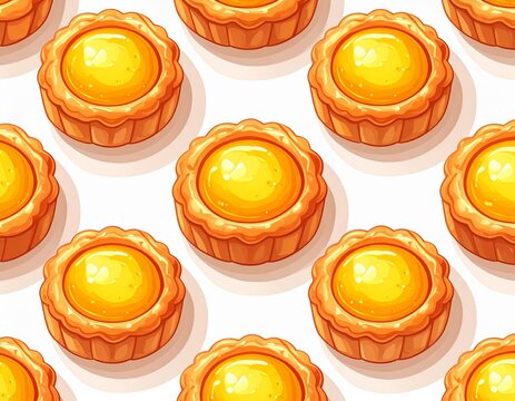 flat pattern with Chinese egg tarts, cartoon style, round pastries with golden custard filling