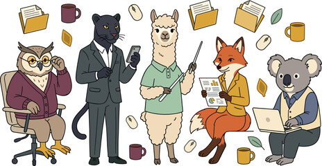 Naklejka premium Cute Business Animal Character Collection Featuring Owl, Panther, Llama, Fox, Koala, Office Professionals, and Corporate Vector Illustrations