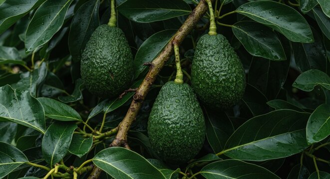 Three ripe, textured green avocados hanging from a brown wooden branch, surrounded by dark, glossy, wet leaves in an orchard setting with visible water droplets on the fruit skin