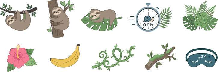 Obraz premium Cute Sloth Vector Illustration Set with Tropical Leaves Banana Flower and Slow Snail Stopwatch Icons Isolated on White Background for Sticker Designs