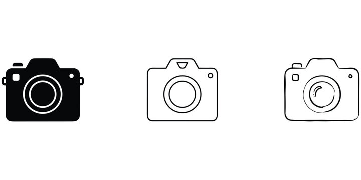 Professional photo camera icon set in solid outline and hand drawn styles on transparent canvas