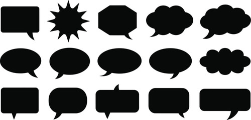 Fototapeta premium Speech bubbles set, comic talk signs, blank message boxes, chatting symbols, dialogue shapes, vintage communication graphics, vector design elements.