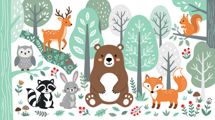 Naklejka premium Cute Woodland Animals Vector Illustration Set with Bear, Fox, Deer, and Owl in Scandi Style Forest Background for Kids Nursery Designs