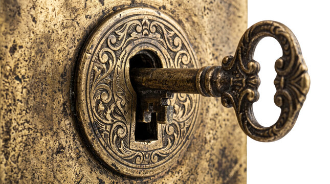 Antique brass key in ornate keyhole, vintage metal lock with decorative filigree, rustic golden skeleton key for security and mystery isolated PNG with Transparent Background