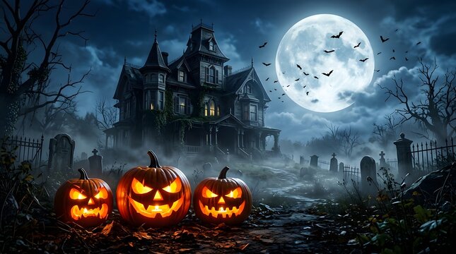 A spooky halloween night scene featuring a haunted castle glowing jack o' lanterns and a full moon