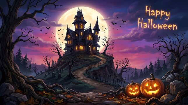 A spooky halloween scene featuring a haunted castle glowing pumpkins and a full moon in the night sky