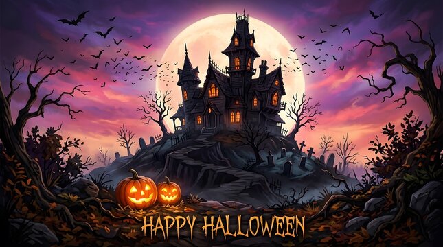 A spooky halloween night scene featuring a dark castle silhouetted against a full moon