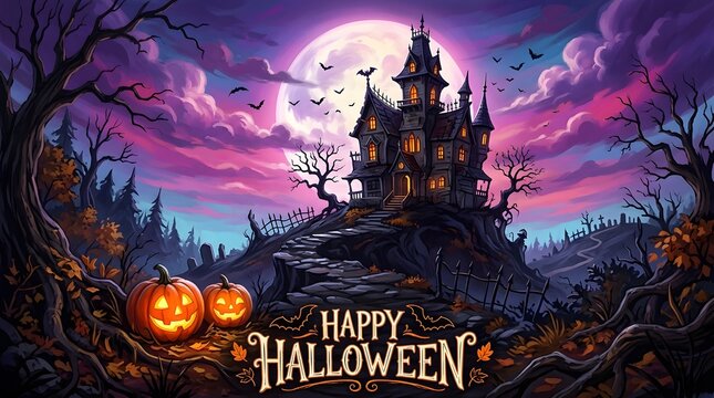 A spooky and enchanting halloween scene featuring a haunted castle under a full moon's glow