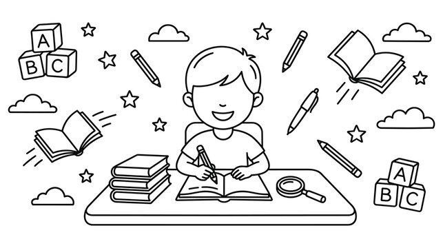 Little boy sitting at desk writing in notebook for back to school coloring page design.