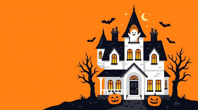 A spooky and delightful halloween scene a charming haunted house with jack o' lanterns and bats