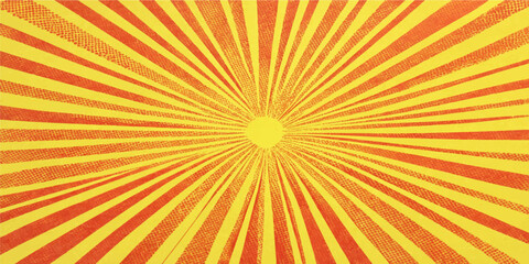 Fototapeta premium Orange Sunburst Background with Radiating Rays, Abstract Yellow Light Burst, Retro Starburst Vector Pattern for Summer Sunrise Wallpaper and Warm Decorative Backdrop