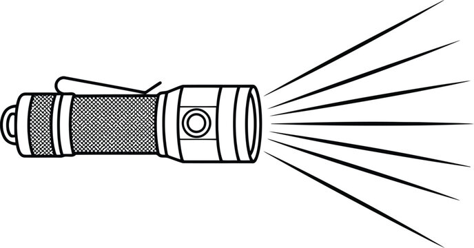 Black and white line art illustration of a portable handheld flashlight shining a bright beam of light forward for safety and visibility in the dark