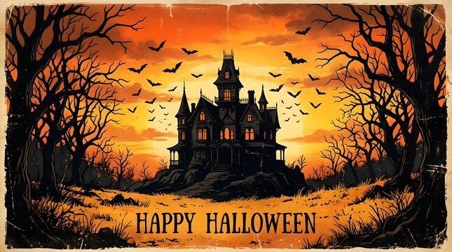 A spooky vintage style halloween illustration featuring a haunted mansion and a dramatic orange sunset