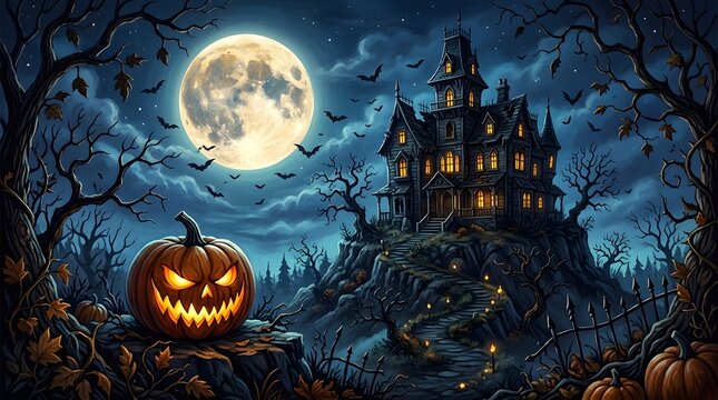 A spooky halloween night scene featuring a haunted castle jack o' lantern and a full moon