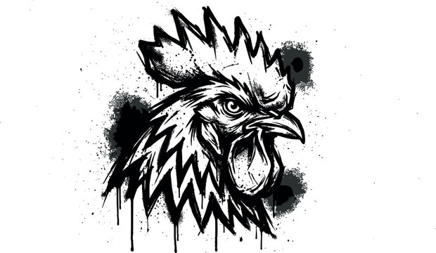 Angry rooster head vector illustration in a black ink grunge graffiti stencil style with dramatic paint splatters