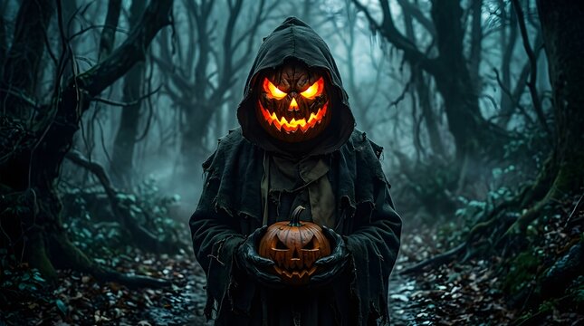 A mysterious figure cloaked in darkness with a pumpkin head stands in a spooky misty forest on halloween night