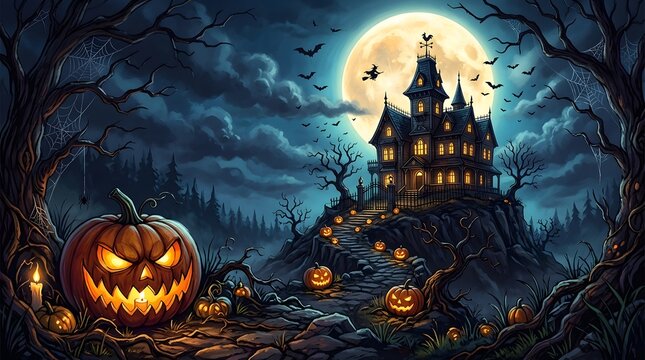 A spooky halloween night scene featuring a haunted castle jack o' lantern and a full moon