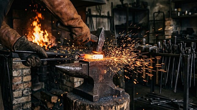 Traditional blacksmith hammering a piece of glowing hot metal on an anvil with flying sparks.