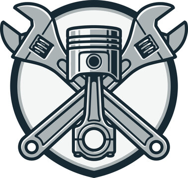 Mechanic repair automotive piston wrench garage service vector emblem featuring crossed adjustable spanners and engine part for workshop logo designs