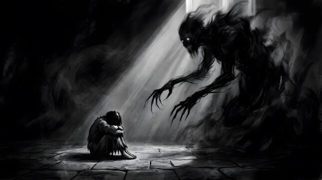 A haunting image depicts a solitary figure confronting a terrifying shadowy monster in a dimly lit space
