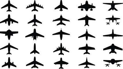 Fototapeta premium Airplane Silhouette Vector Icon Set Collection Featuring Commercial Passenger Jets Military Fighter Aircraft Flight Transport Isolated
