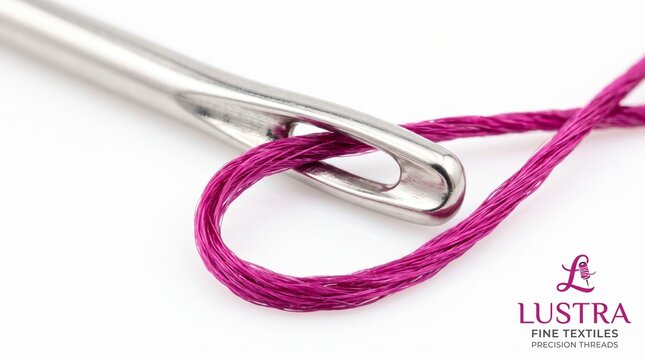 Sewing needle logo close up of pink thread through a needle eye