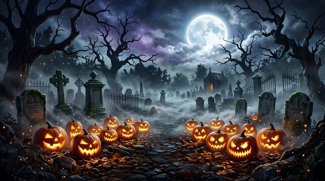 A spooky halloween night scene jack o' lanterns illuminate a misty ancient graveyard under a full moon