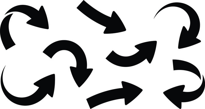 Curved Arrow Vector Set Featuring Solid Black Bending Directional Pointer Symbols for Presentation and UI Design