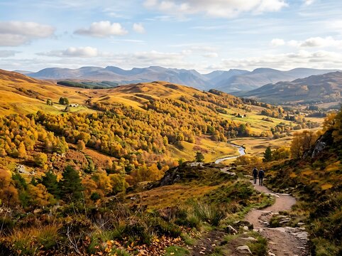 Beautiful golden autumn landscape with rocky hills and a flowing river in a mountain valley