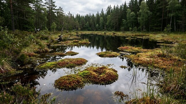 Tranquil Nordic Swamp Lake with Mossy Peat Hummocks and Dark Water Reflections in a Dense Pine and Spruce Forest