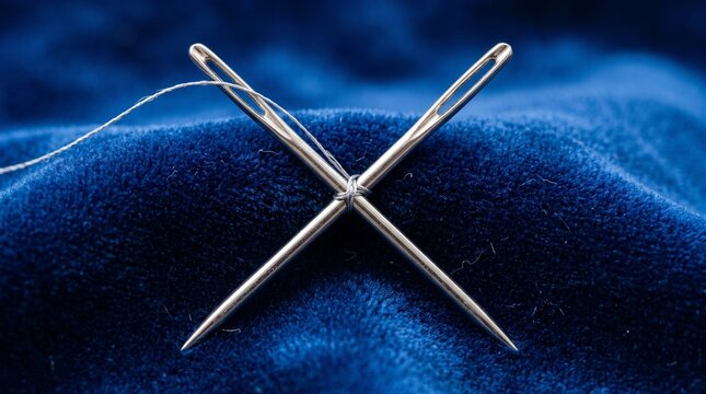 Sewing needle logo concept with crossed needles on blue fabric