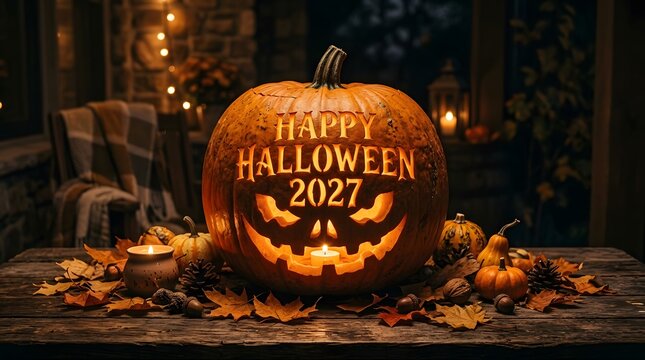 A spooky and delightful halloween celebration with a glowing jack o' lantern in 2027