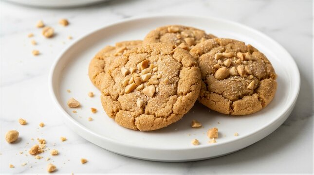 Peanut cookies arranged on plate on marble countertop