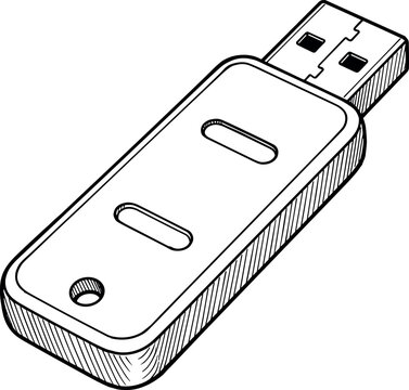 USB flash drive vector illustration in a clean vintage hand drawn line art style isolated on white background