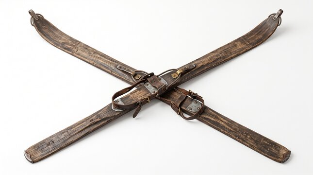 Skis clipart featuring vintage wooden skis crossed on white background