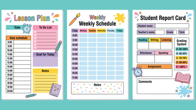 Study planner template set featuring pastel colors for organizing school lesson schedules.