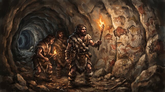 Cave hunters holding torches viewing ancient animal paintings inside cave