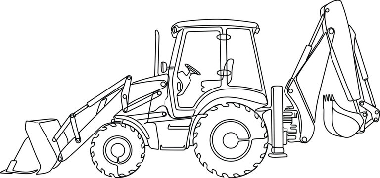 Industrial construction digger machine side profile drawing featuring hydraulic shovel arm loader bucket cabin and deep tread wheels