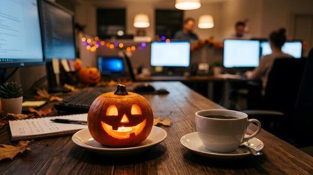 A cozy halloween scene with a glowing jack o' lantern computers and a festive atmosphere