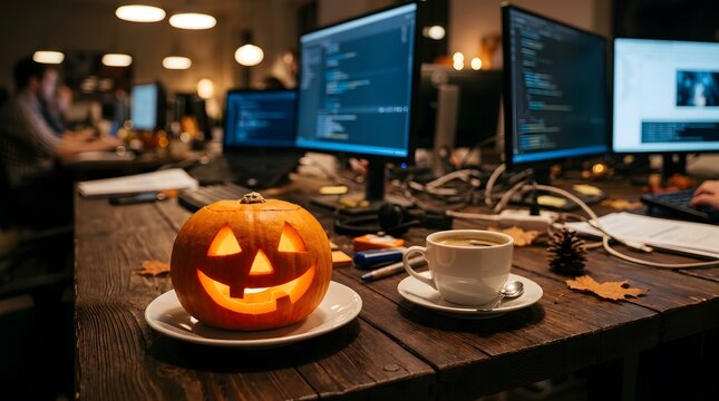A warmly lit halloween scene depicts a carved pumpkin and coffee in a modern office environment