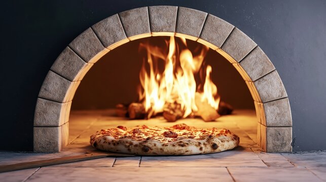 Traditional wood fired pizza oven with glowing flame and baking pizza inside for authentic Italian cuisine and culinary warmth at home or restaurant setting