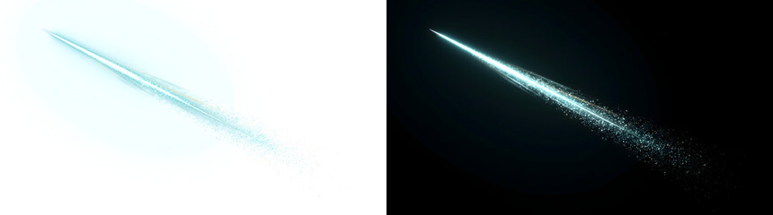 Blue meteor streak with glowing particle trail falling across a black background in PNG, Transparent and Black Background Versions for cosmic design © Nyxthrasza