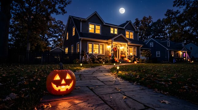 A spooky and illuminated halloween night scene featuring a classic victorian house and glowing jack o' lantern