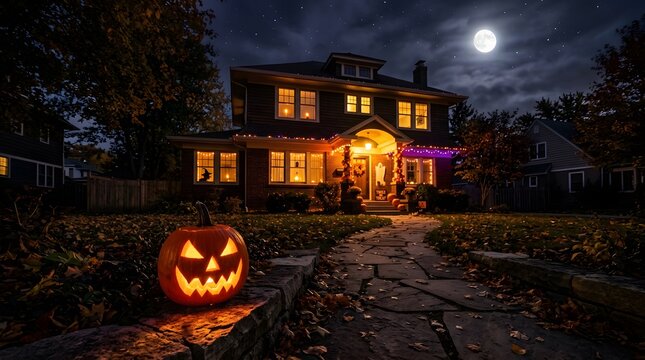 A spooky halloween night scene an illuminated haunted house with a jack o' lantern in the foreground