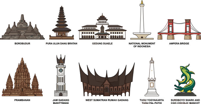 Indonesia Landmark and Famous Building Vector Icon Set Featuring Borobudur, Prambanan, Monas, Ampera Bridge, and Rumah Gadang for Tourism Layout Designs